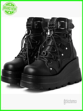 Lace Up Studded Buckle Goth Wedge Combat Ankle Boots Platform